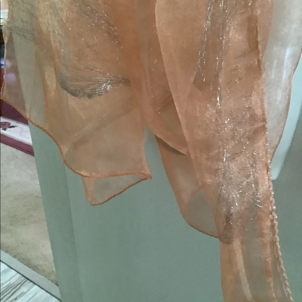 Scarf silk look silver sparkles versatile peach can be worn many ways. 72”x20”
